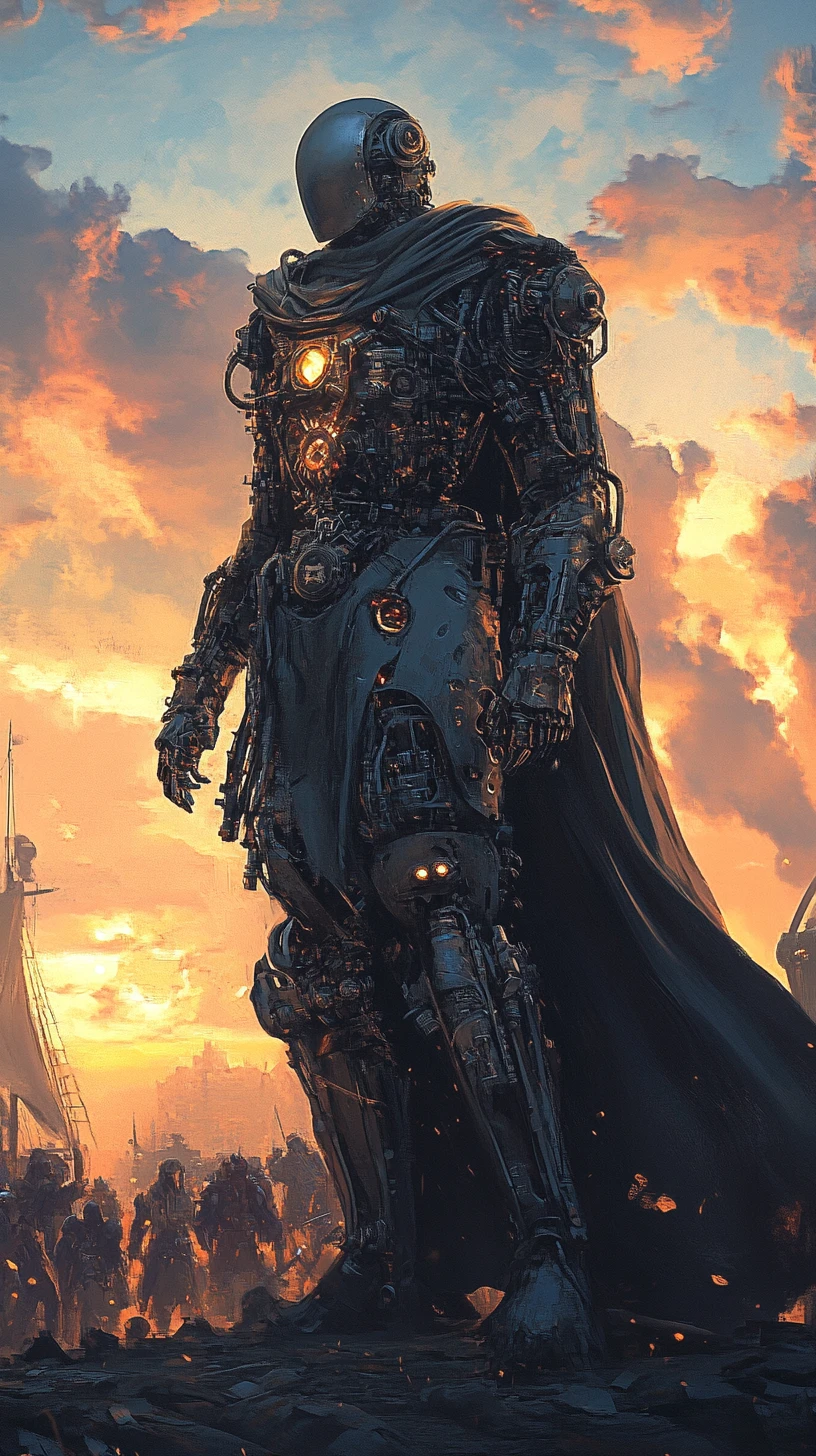 Héros steampunk fantastiques en armure mécanique sous une lumière douce
