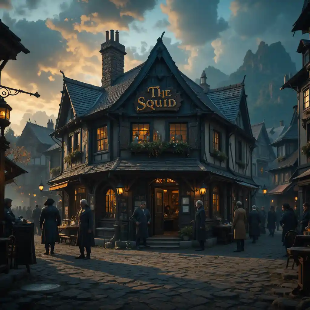 Vue cinématographique d’une taverne de pirates sur des rues pavées