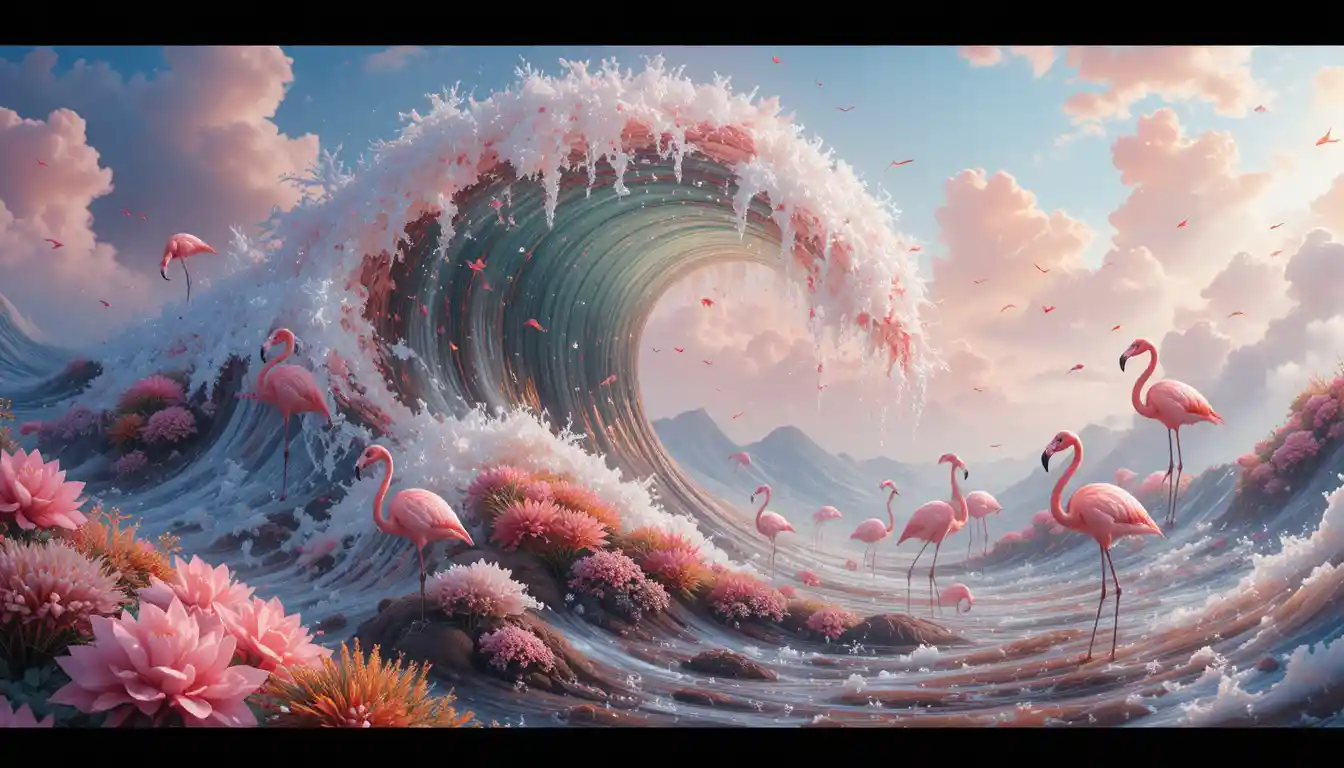 Flamingos abstratos oníricos em ondas e nuvens cor de âmbar