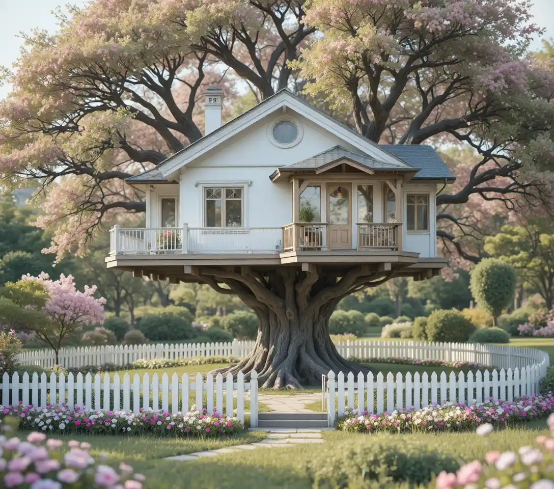 Casetta sull’albero bianca accanto a una casa in stile coreano in giardino