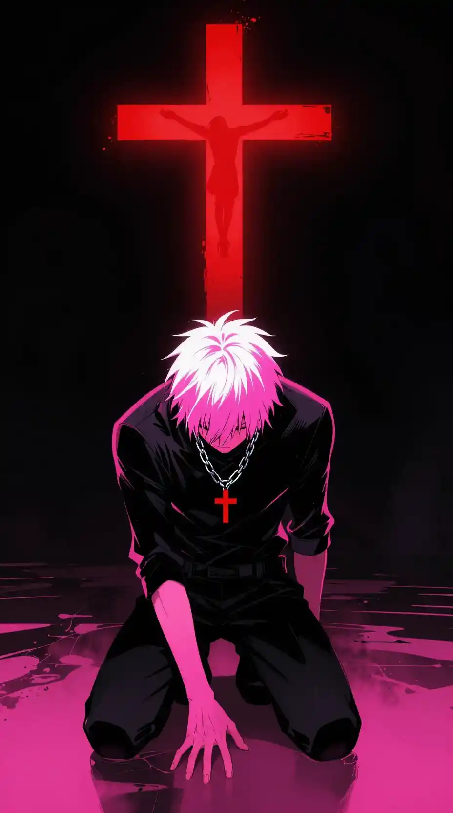 Kneeling figure before glowing red cross in dark void