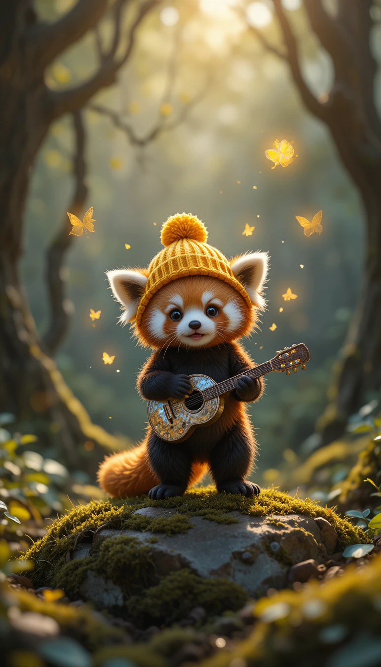Dolce cucciolo di panda rosso che suona la tromba in una foresta incantata