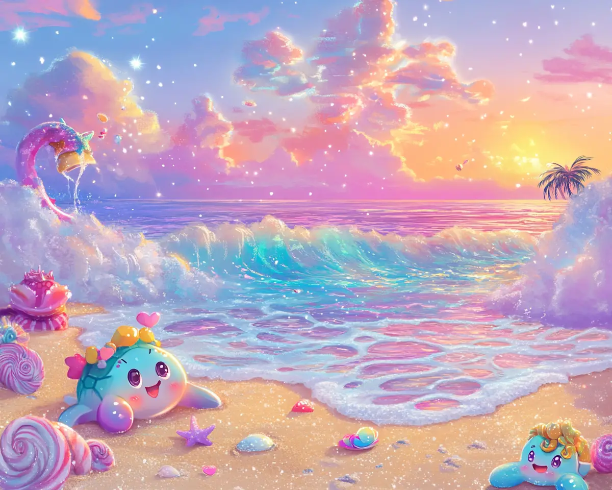 Plage d’anime féerique avec d’adorables tortues de mer au coucher du soleil