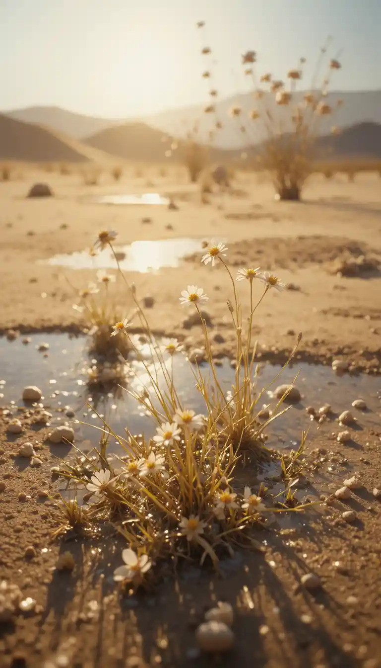 Fleurs sauvages dorées dans le désert après la pluie avec des flaques scintillantes