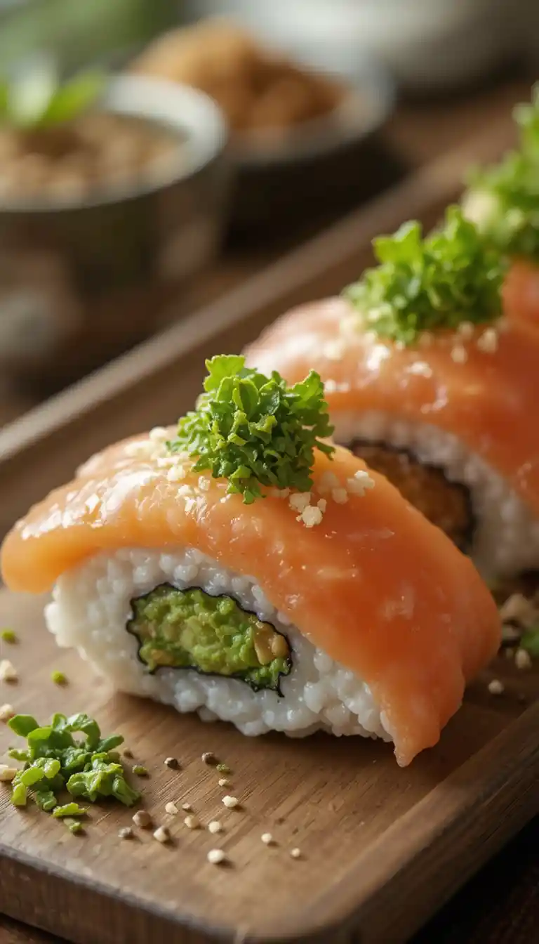 Gros plan de sushi avec un petit monticule de wasabi vert