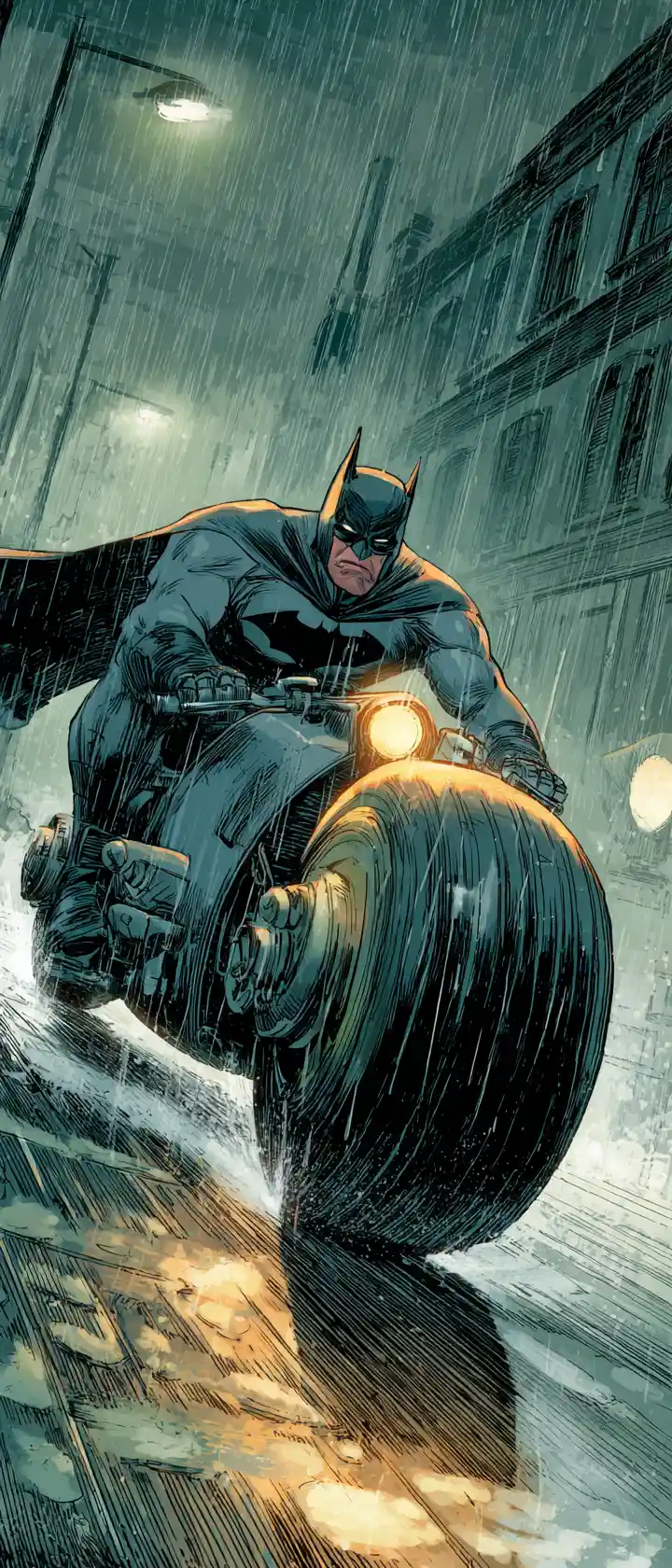 Anime Batman racing a batcycle down a rainy night street