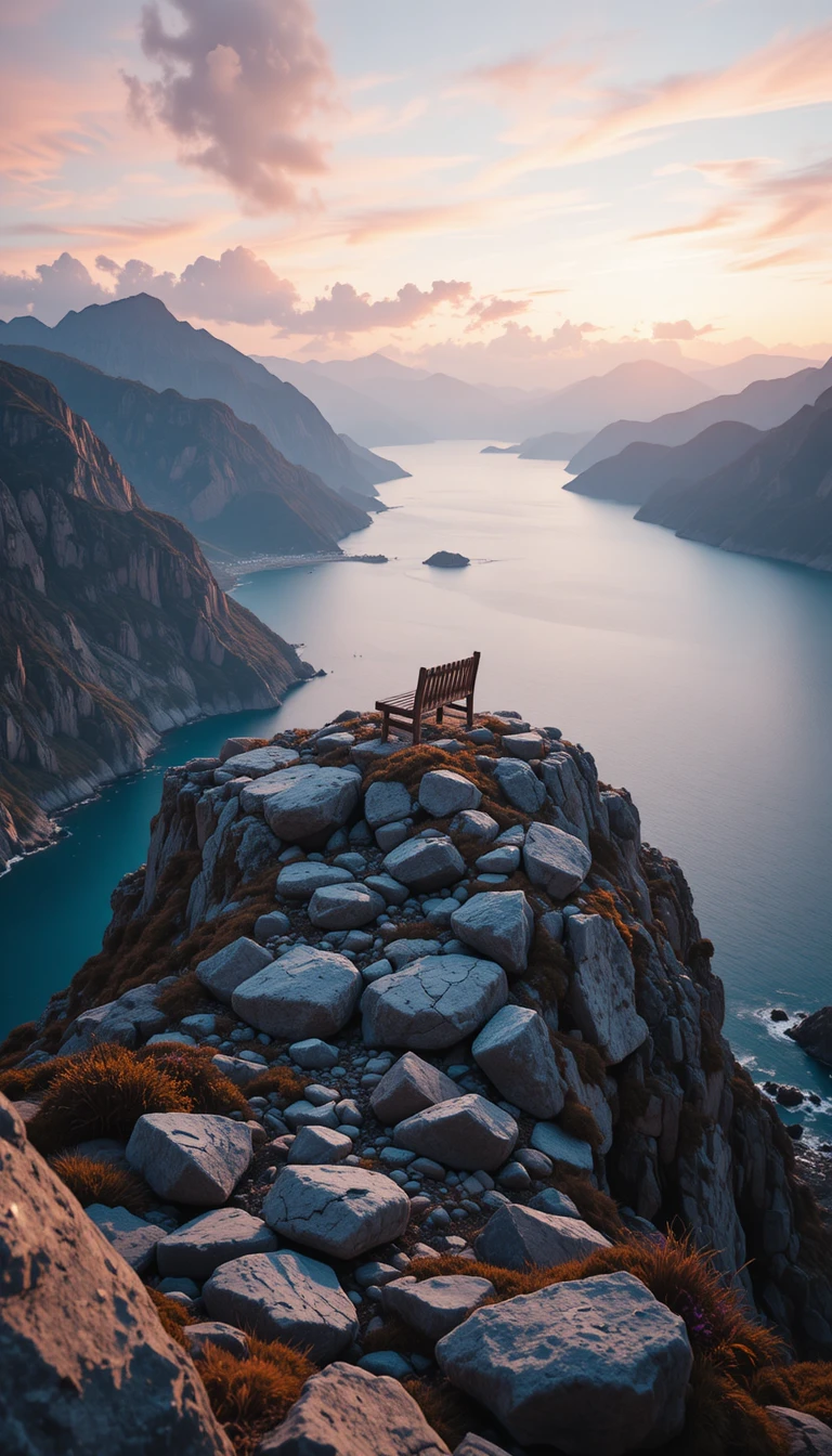 Banco de madeira em penhasco alpino ao pôr do sol sobre picos distantes