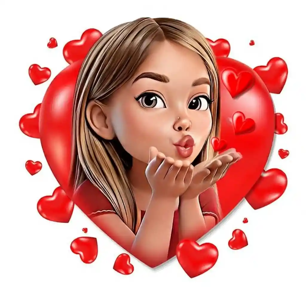 Dolce ragazza che manda un bacio, circondata da cuori rossi