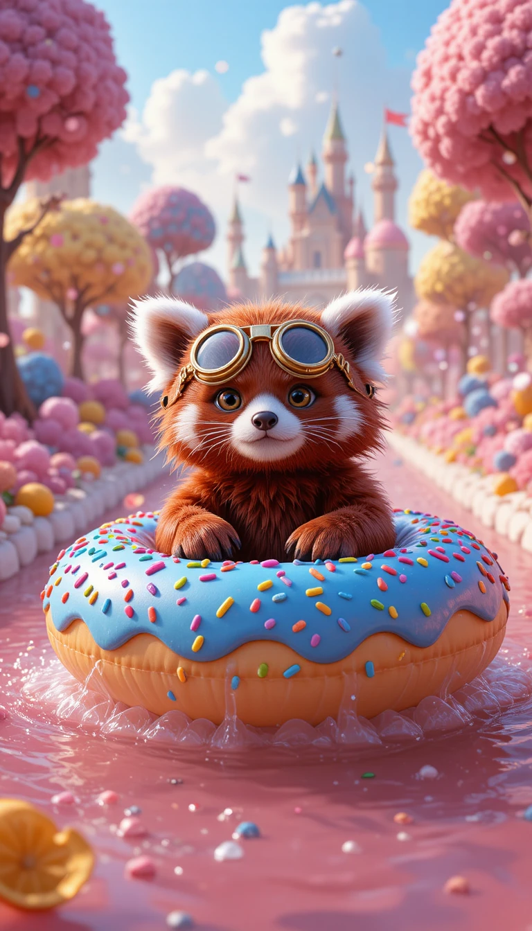Panda-vermelho Flutuando em uma Rosquinha em um Rio de Pink Lemonade