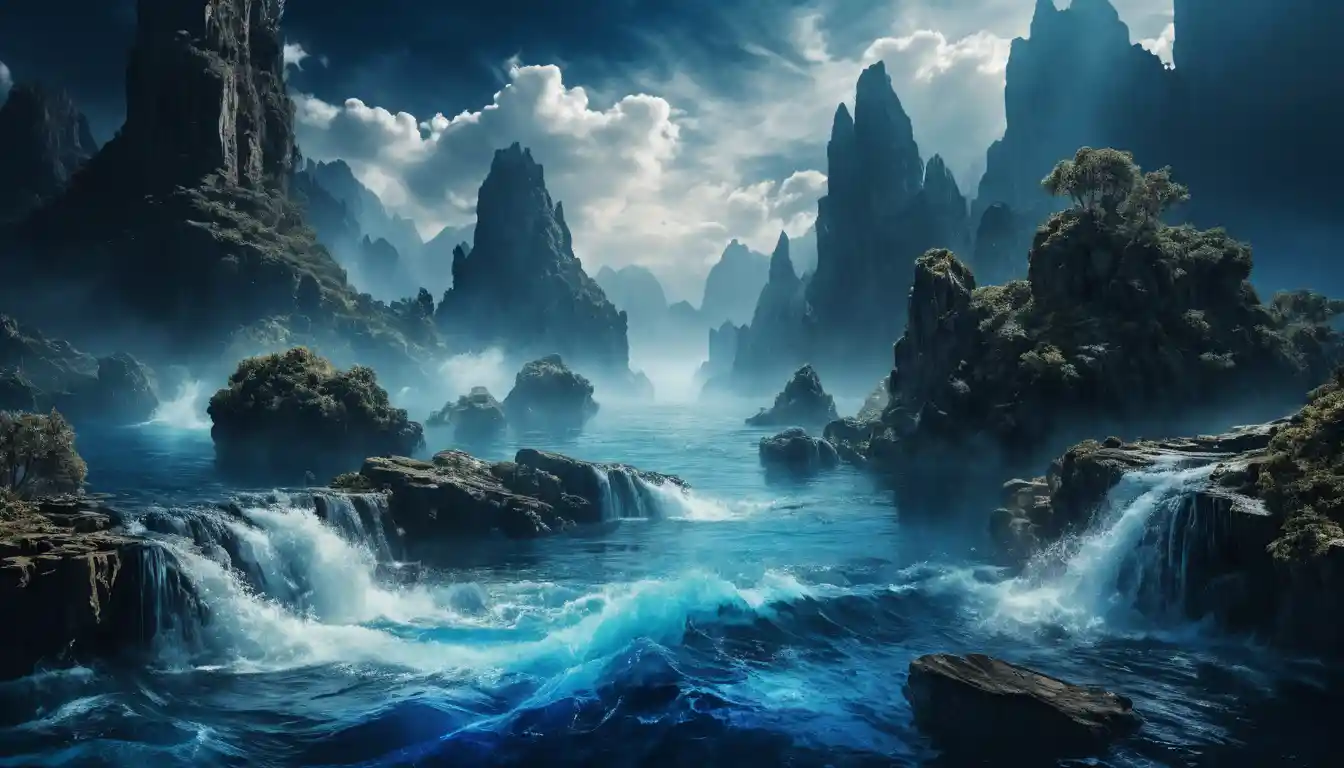 史詩奇幻水景與磅礡傾瀉的湛藍水流