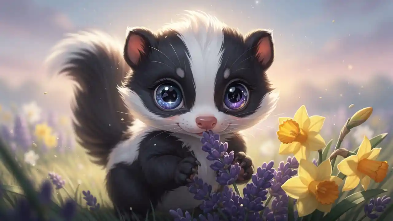 Cute baby skunk sniffing lavender and daffodils illustration