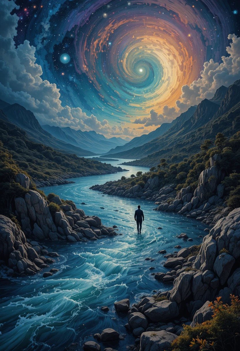 Scène de rivière au clair de lune avec un lointain passage en vue
