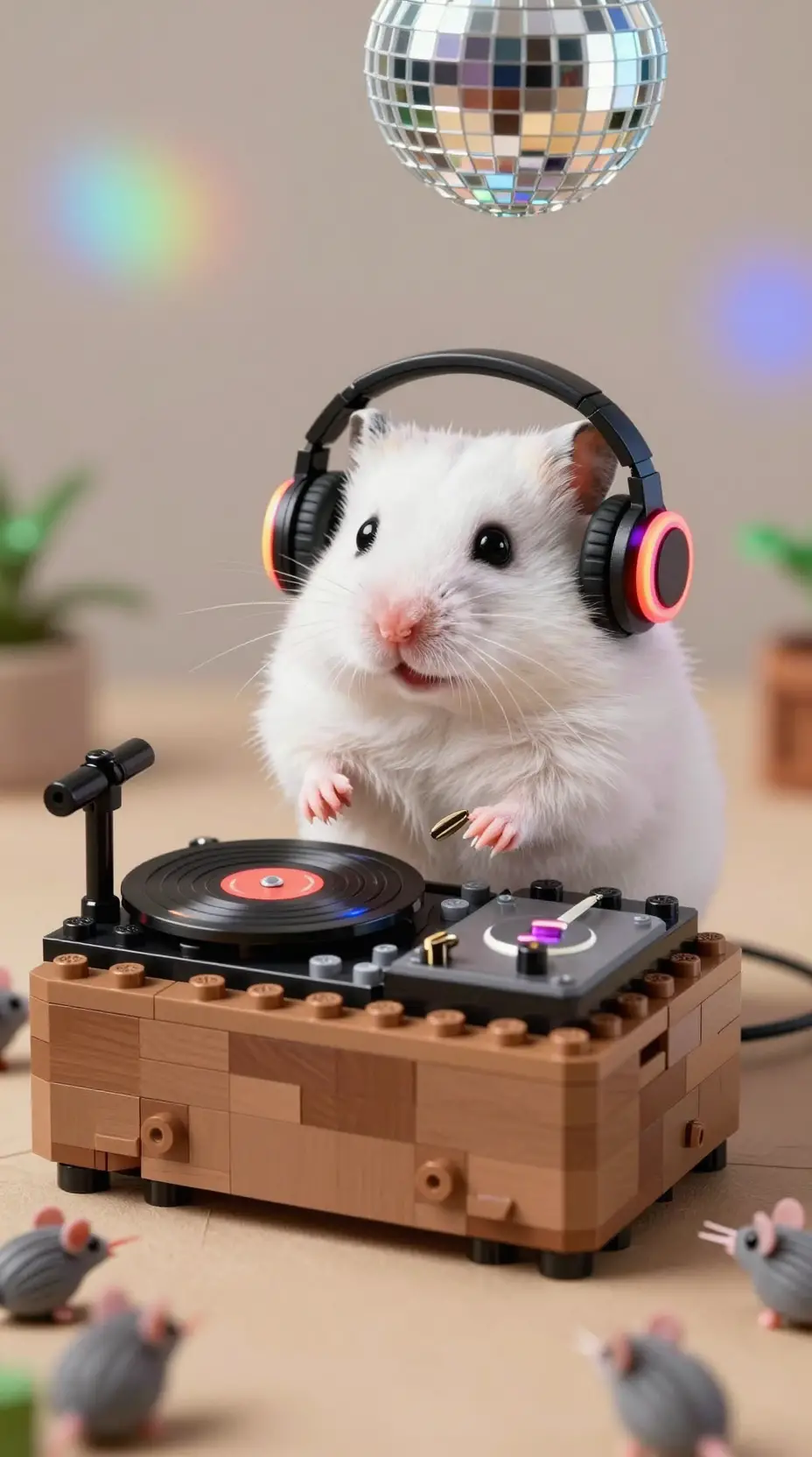 Piccolo criceto DJ che mixa dischi sotto una palla da discoteca