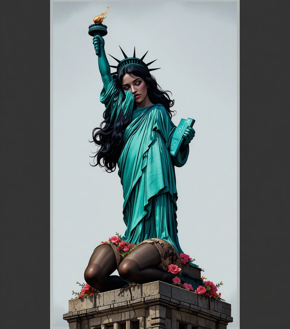 Estátua da Liberdade Triste Ajoelhada em Pedestal Ornamentado