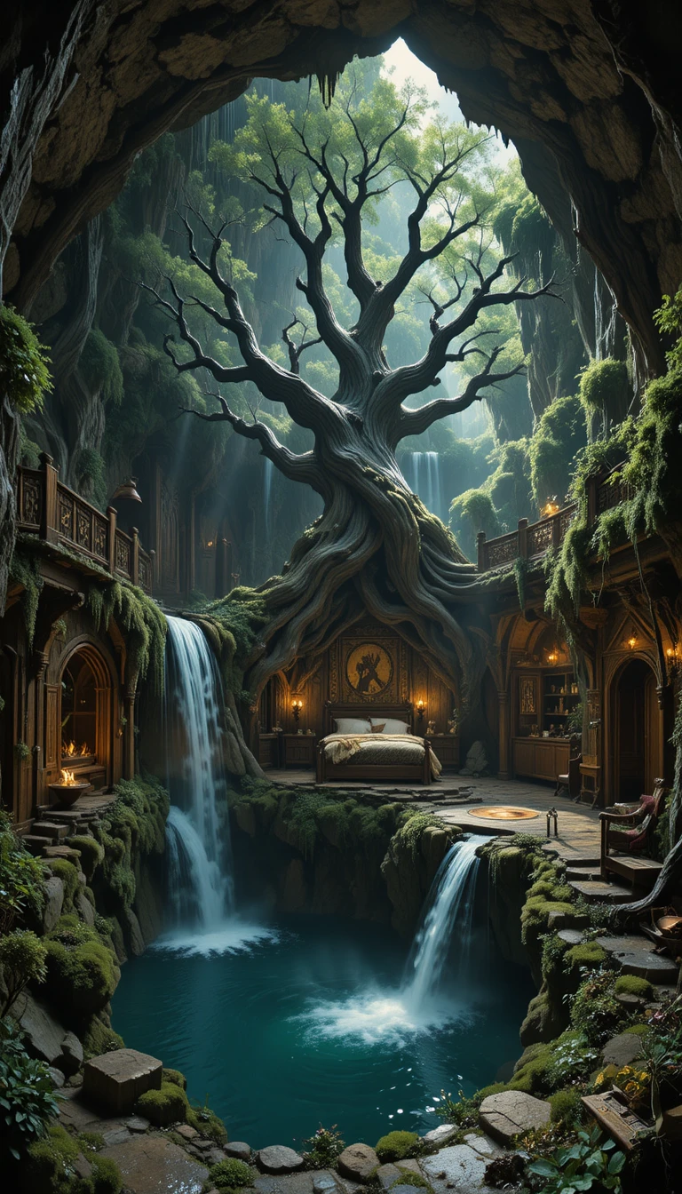 Luxurious medieval bedroom hidden inside a colossal cave