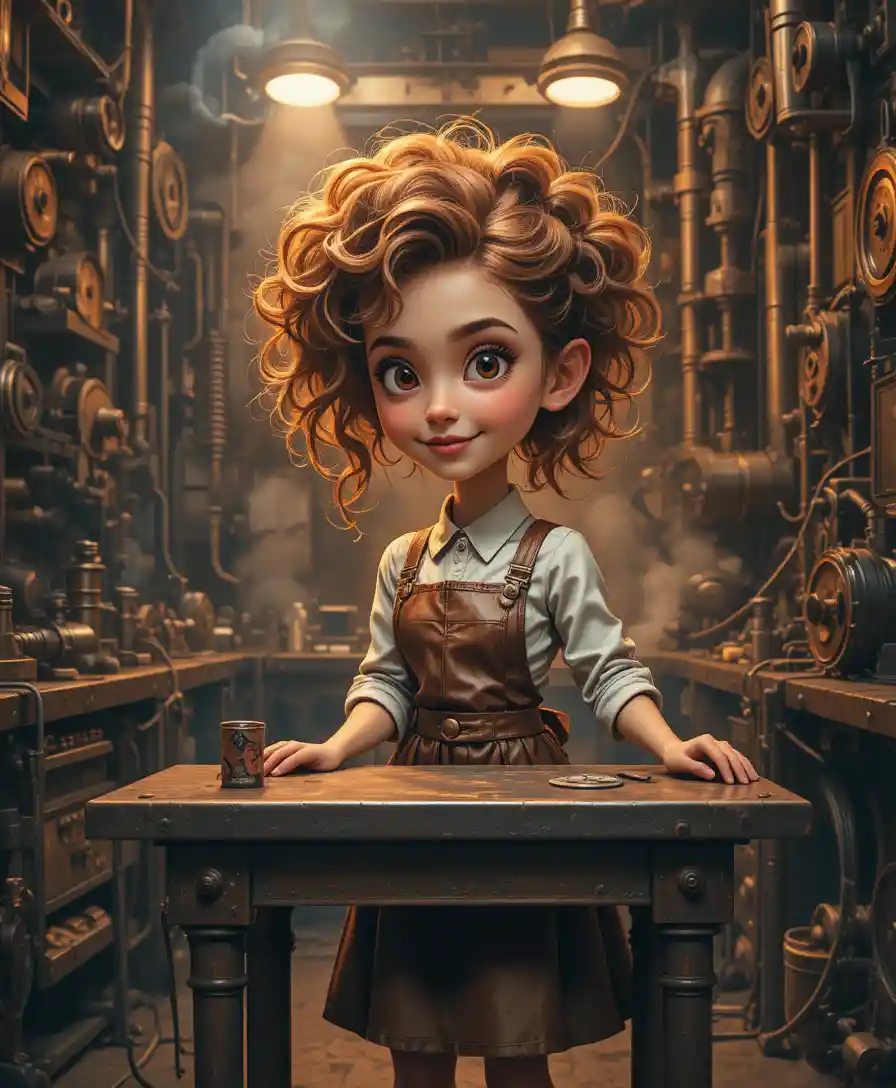 Jovem garota brincalhona em uma oficina steampunk cheia de fumaça