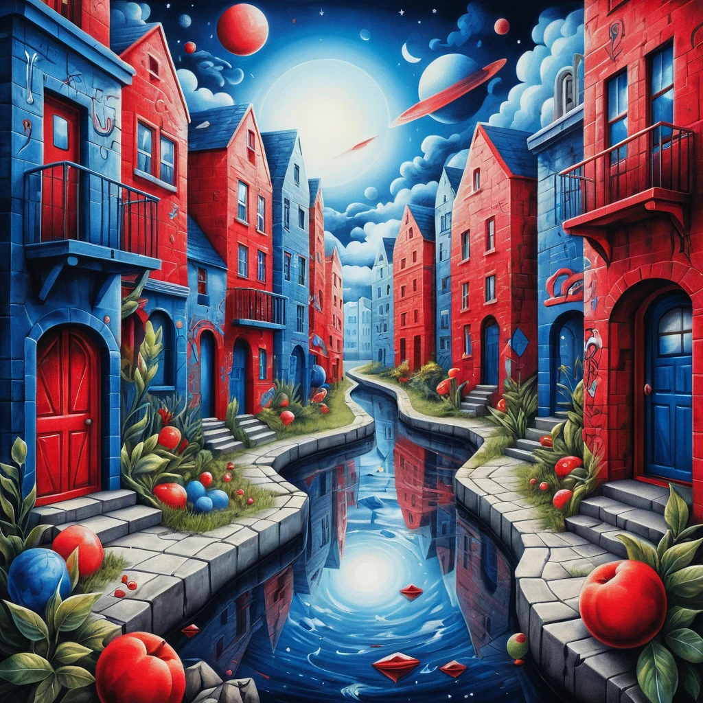 Surreal graffiti mural in vibrant navy blue and red tones