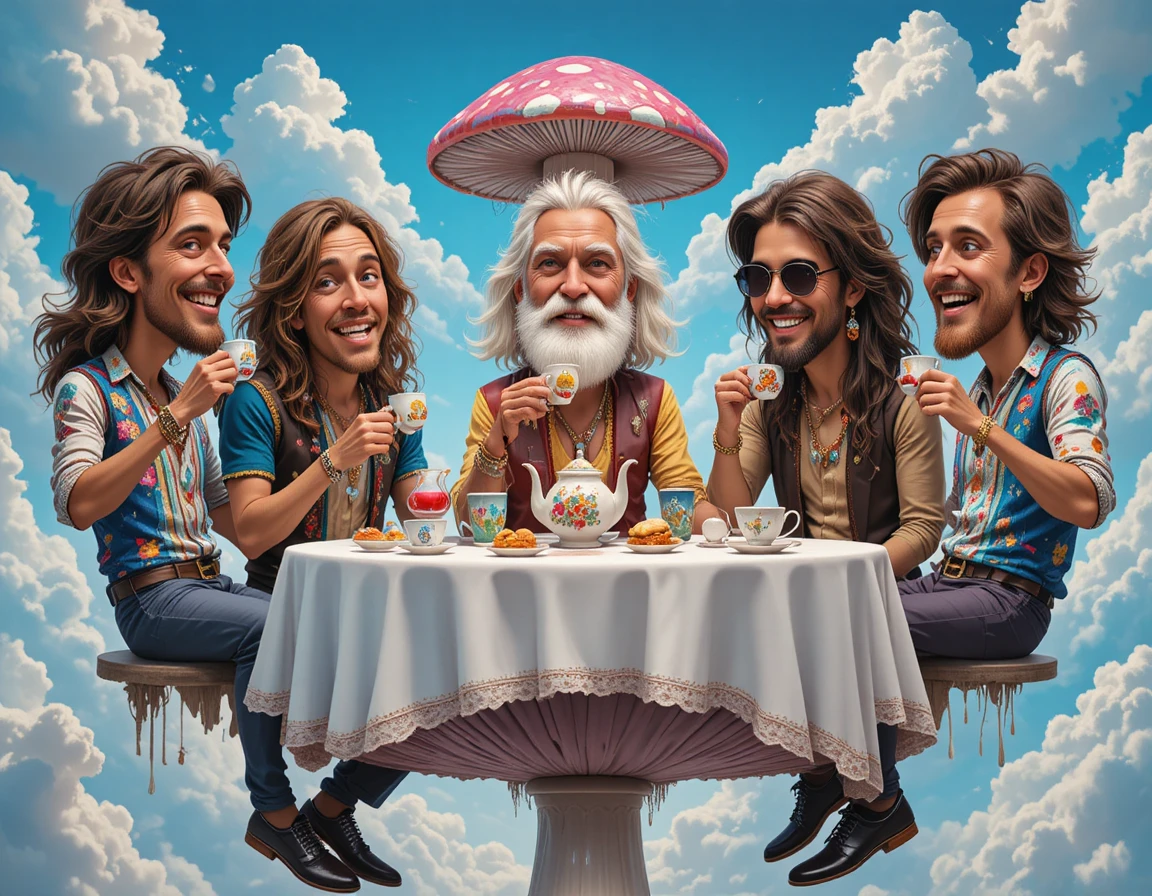 Amici hippie che condividono il tè a un tavolo fluttuante nel cielo