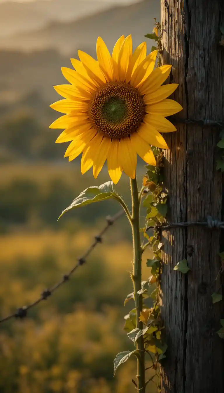 Girasole accanto a una recinzione rustica che brilla nella luce dell’ora d’oro
