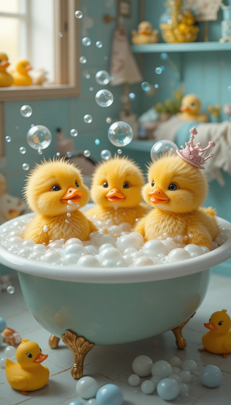 Canetons jaunes espiègles dans une baignoire en tasse de thé remplie de bulles