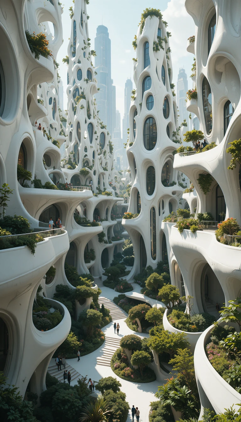 Cidade futurista branca com arquitetura orgânica e parque na cobertura