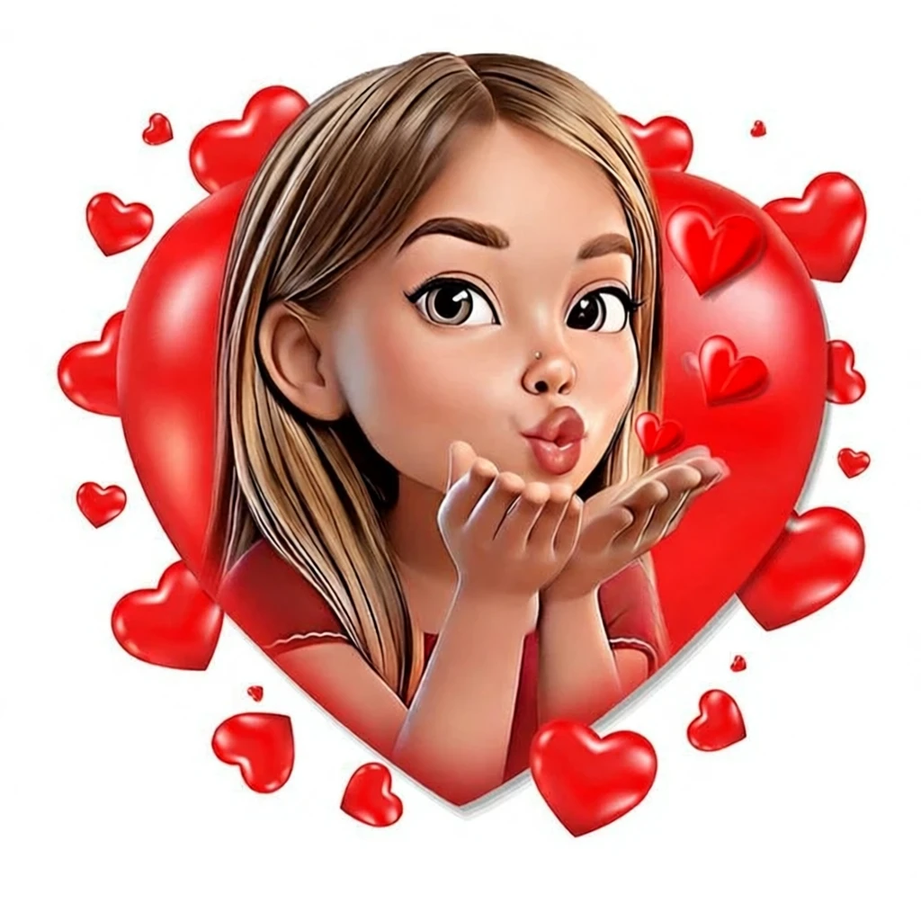 Dolce ragazza che manda un bacio, circondata da cuori rossi