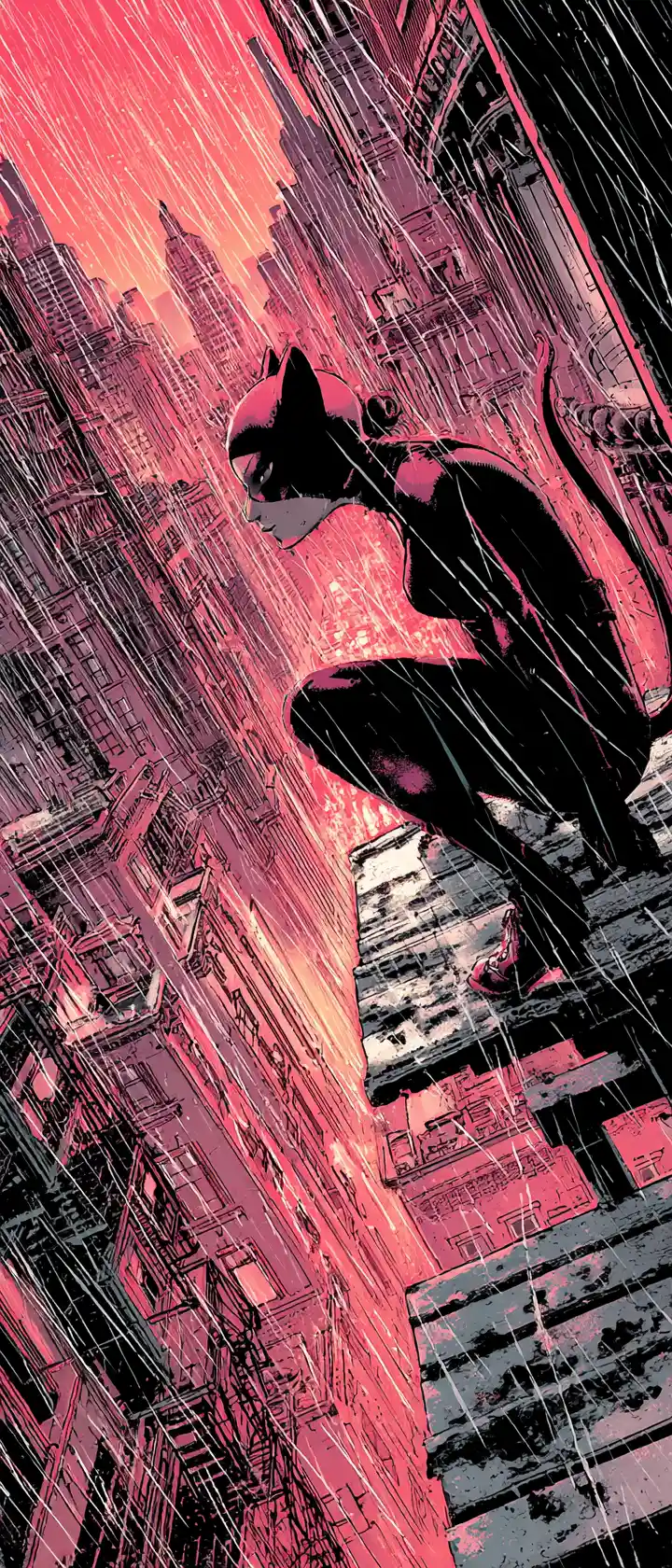 Anime thief crouching on a rainy Gotham city rooftop
