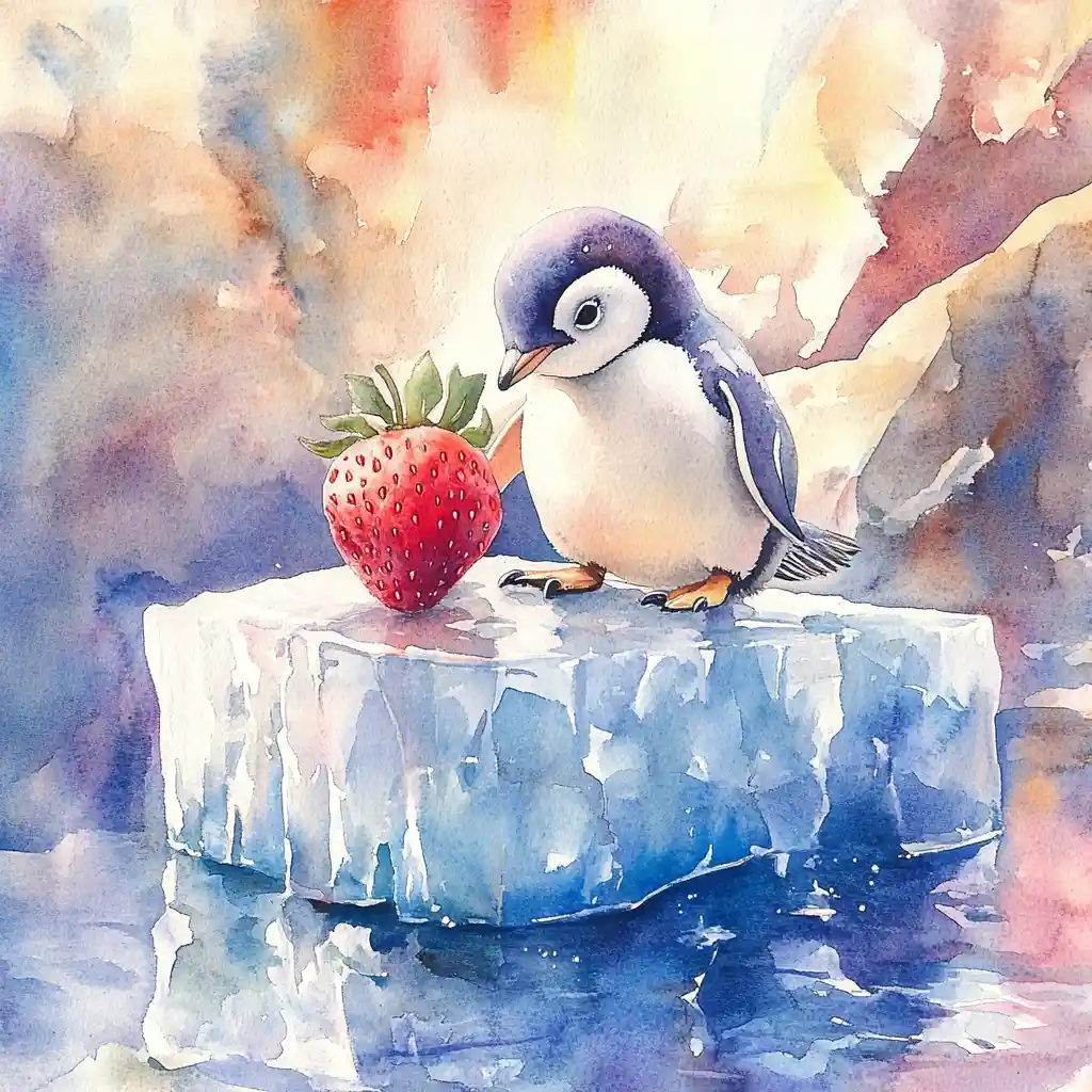 Cucciolo di pinguino sul ghiaccio che si scioglie con una fragola matura