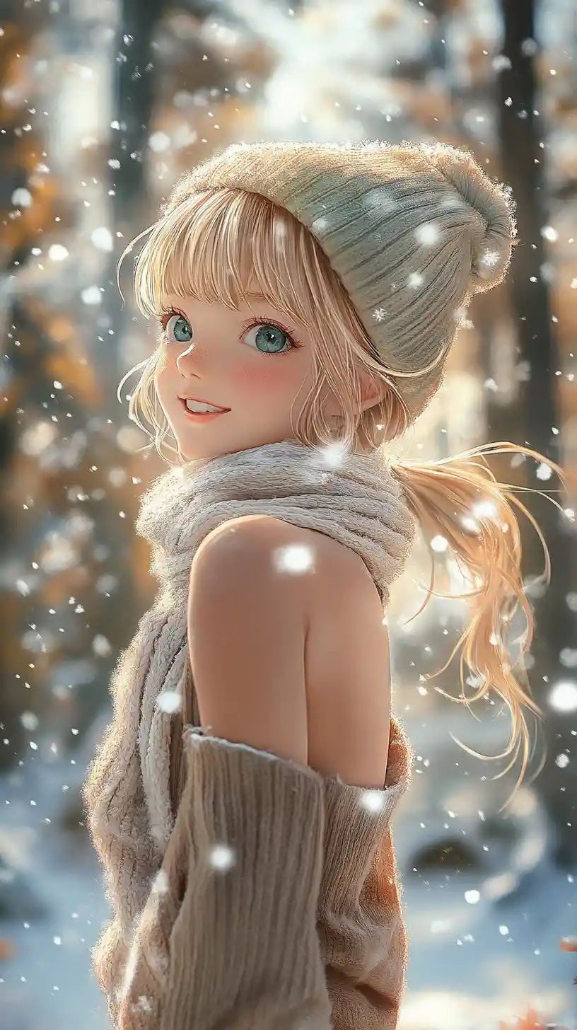 在雪森林中開懷大笑的開朗動漫女孩