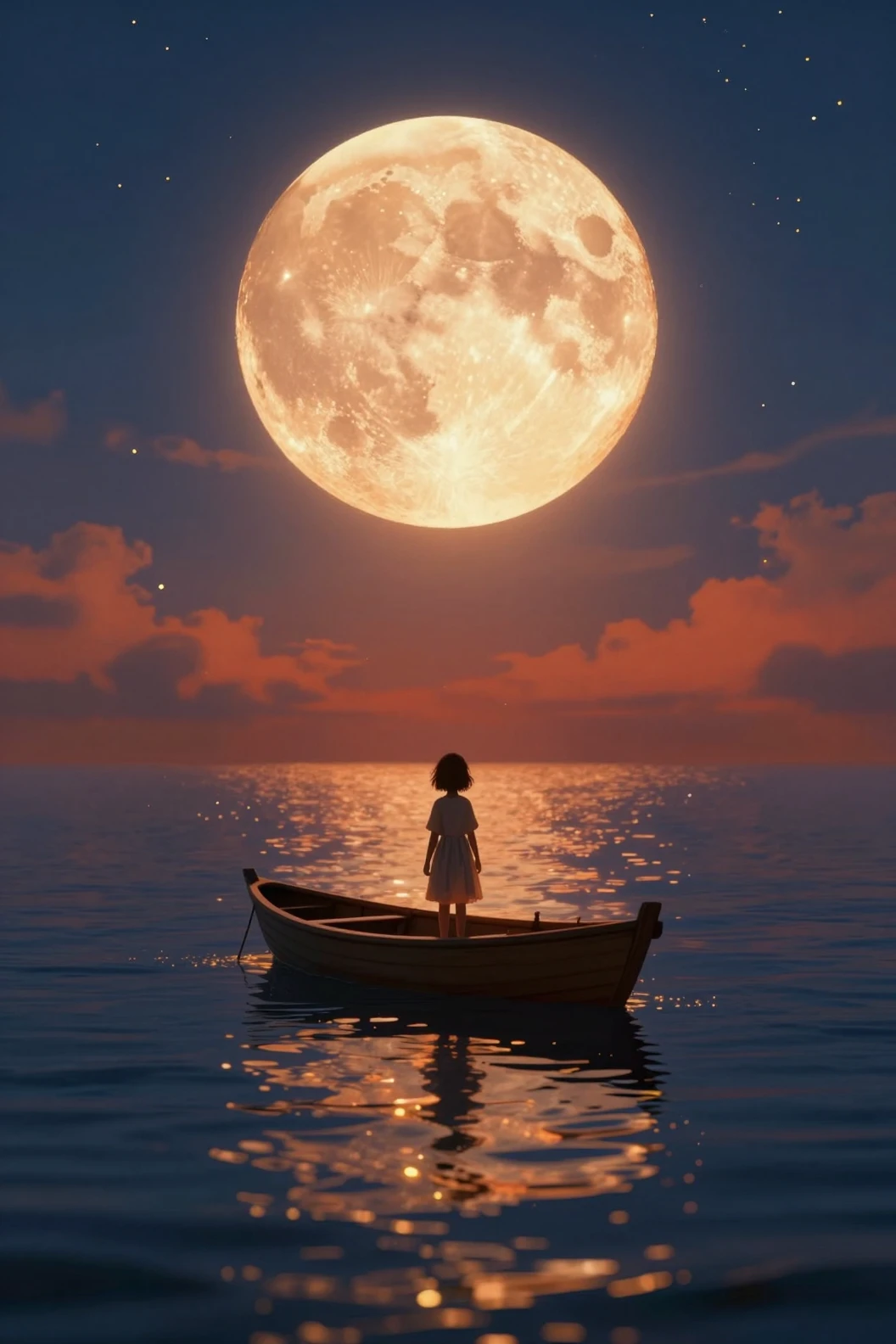 Criança em um pequeno barco sob uma lua fantástica e brilhante