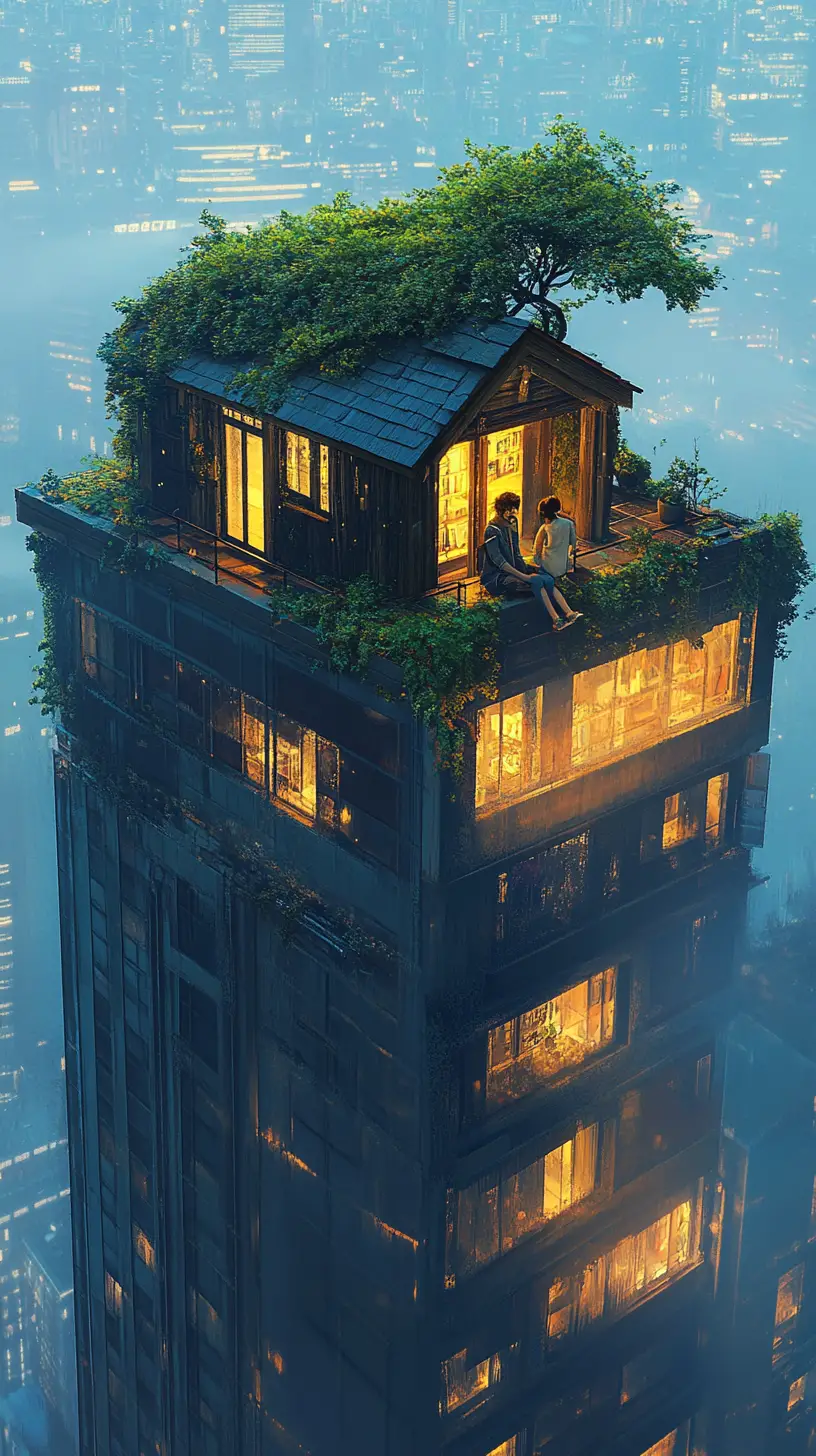 未來霧都之上的質樸屋頂小屋