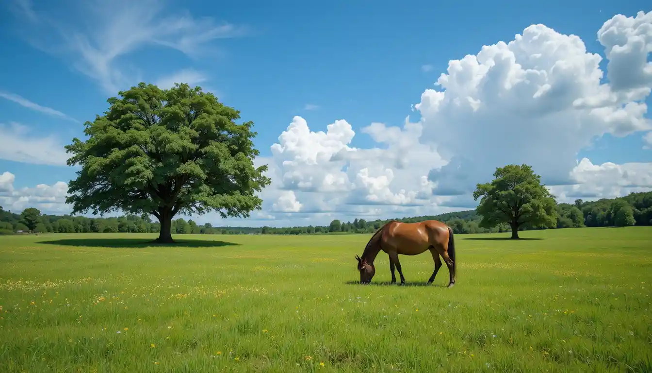 Cavalo solitário pastando em um campo campestre verdejante