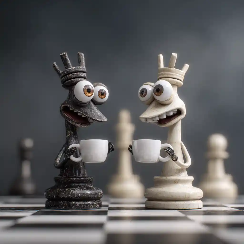Playful chess pieces with big eyes on glowing board