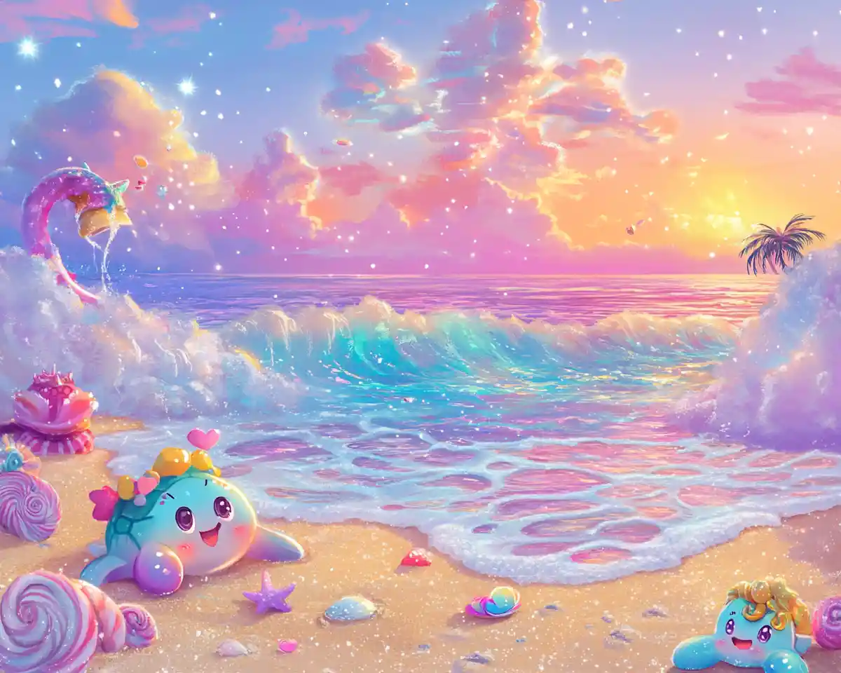 Whimsical anime beach with cute sea turtles at sunset
