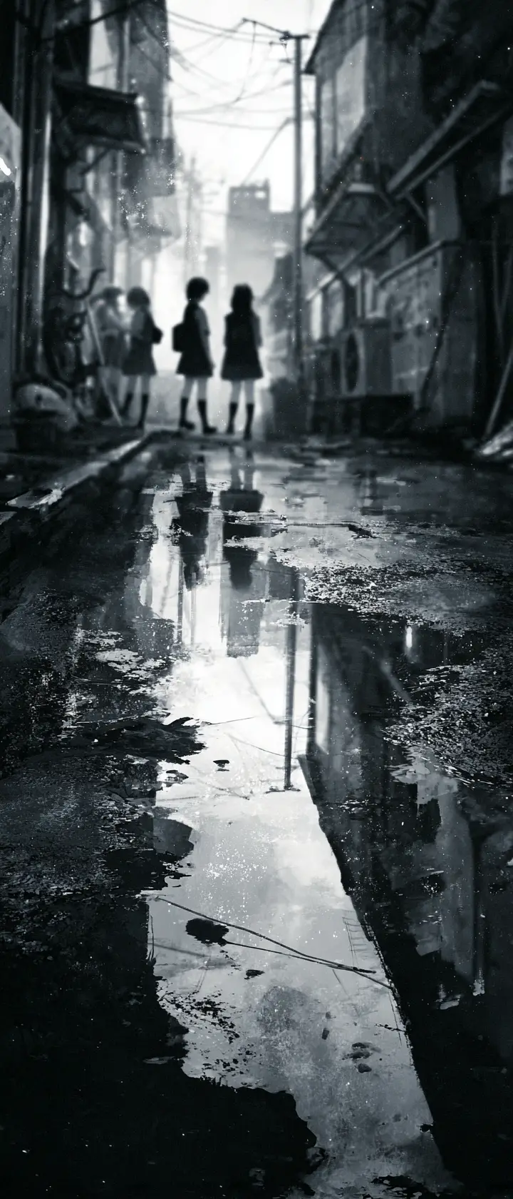 Woman at dusk beside a puddle in a rainy alley