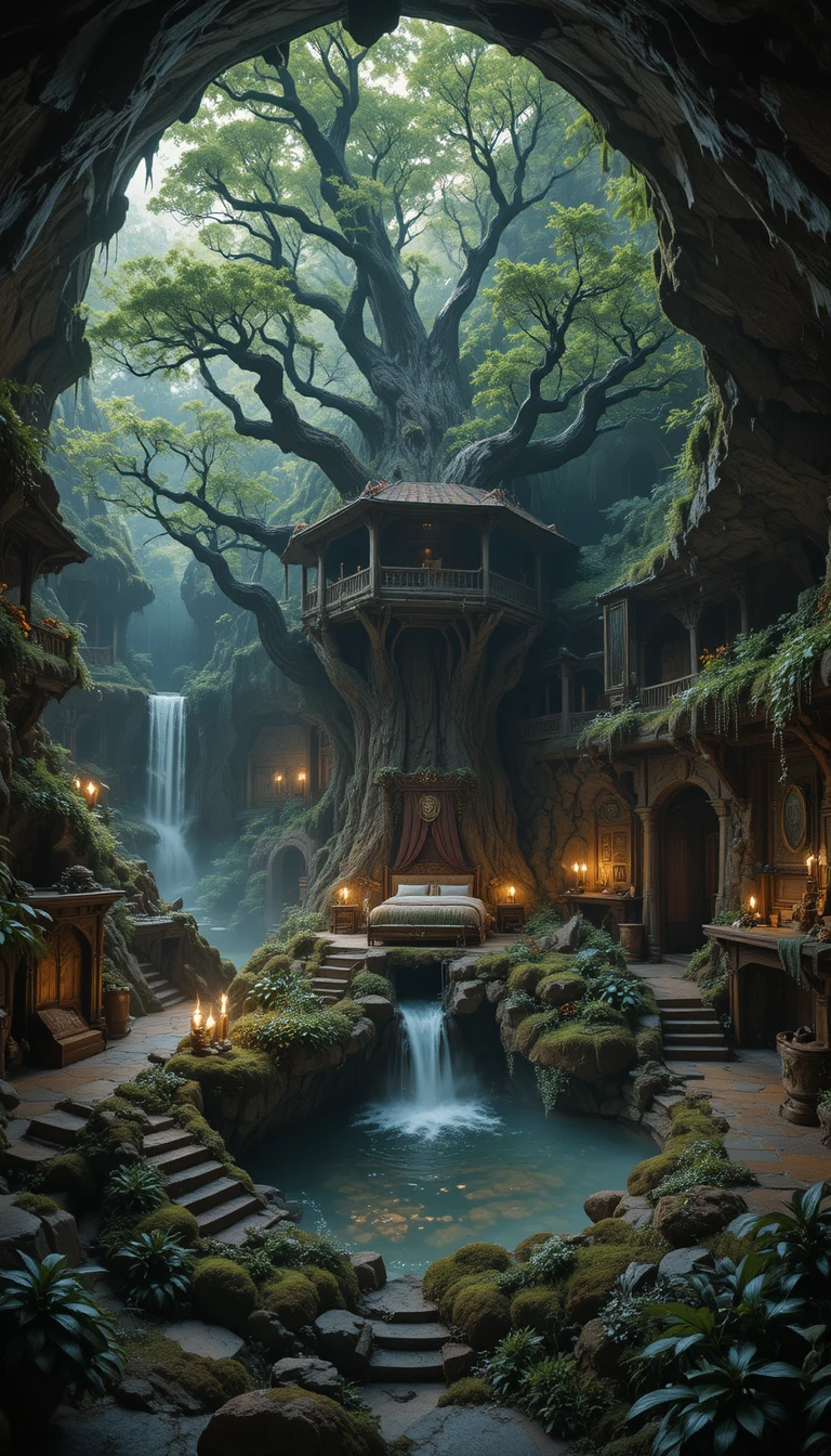 Luxurious medieval bedroom inside a colossal fantasy cave