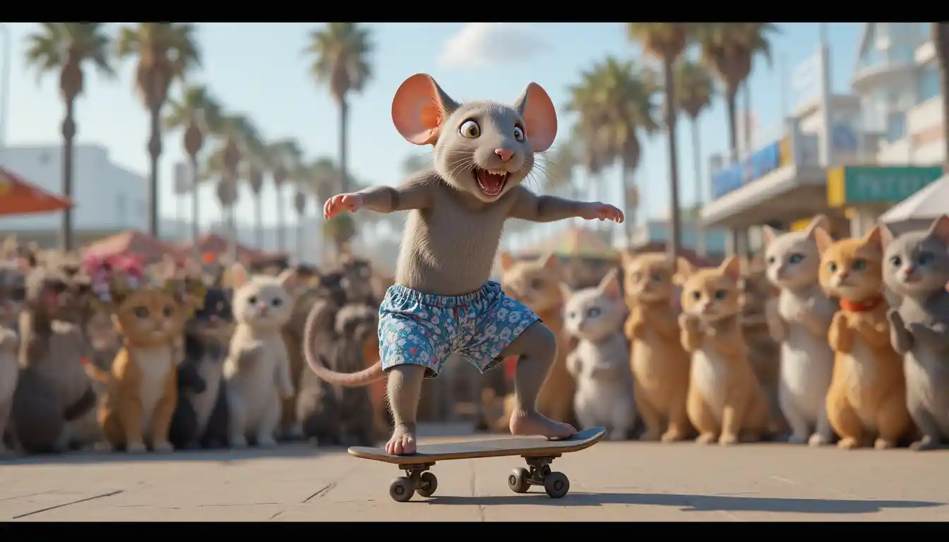 Souris grise faisant un flip en skateboard à Venice Beach