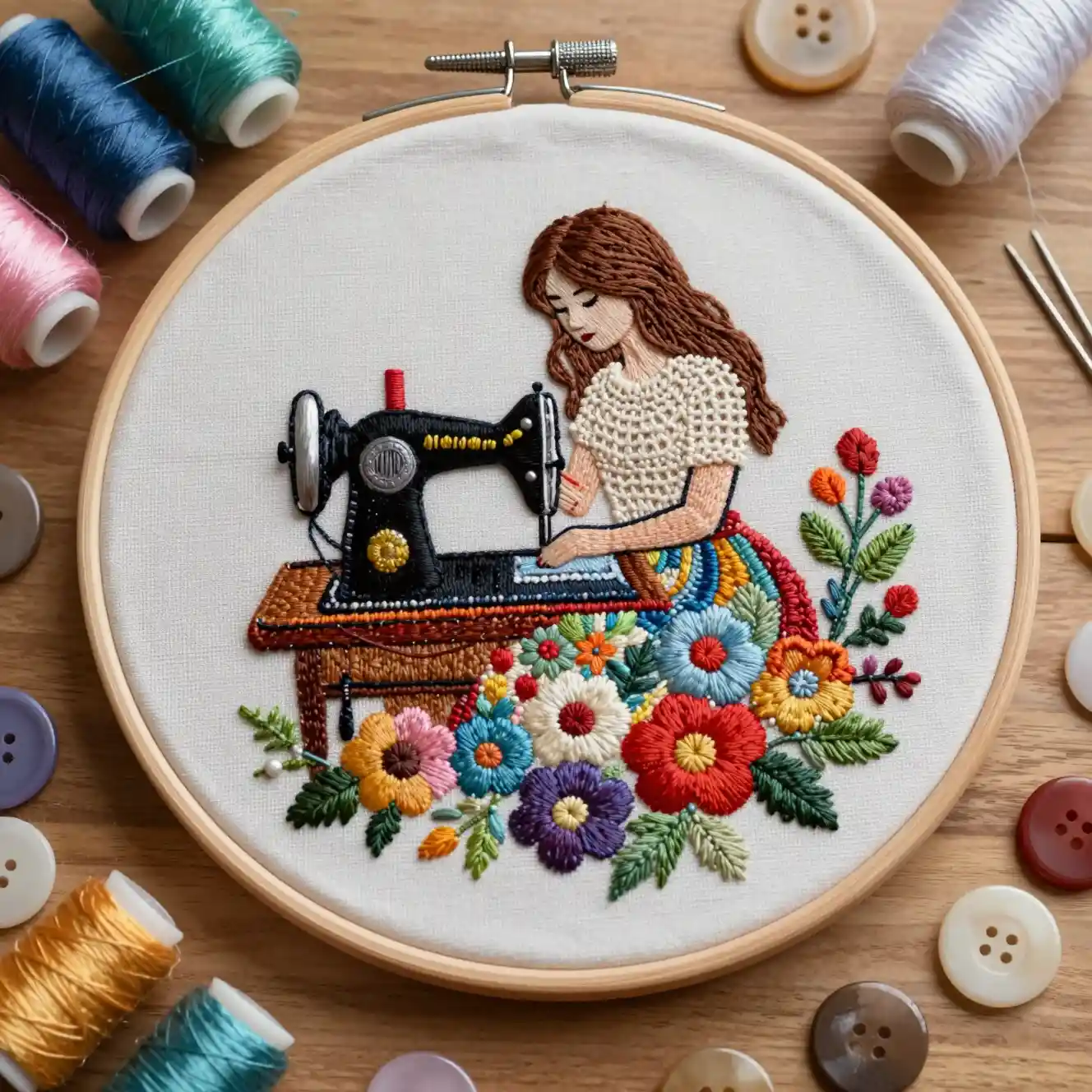Top down view of embroidery hoop with woman at sewing machine
