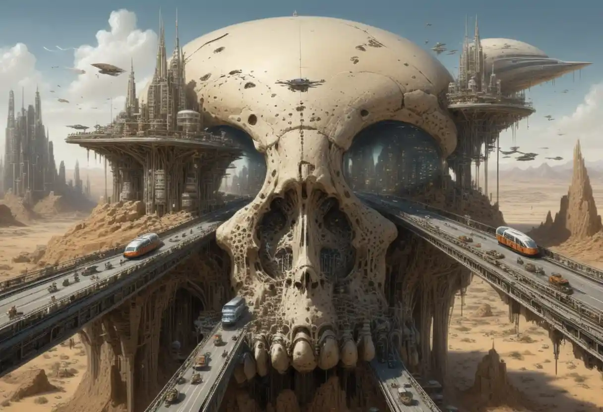 Alien-Schädel-Megastädte, die aus einer endlosen Wüste aufragen