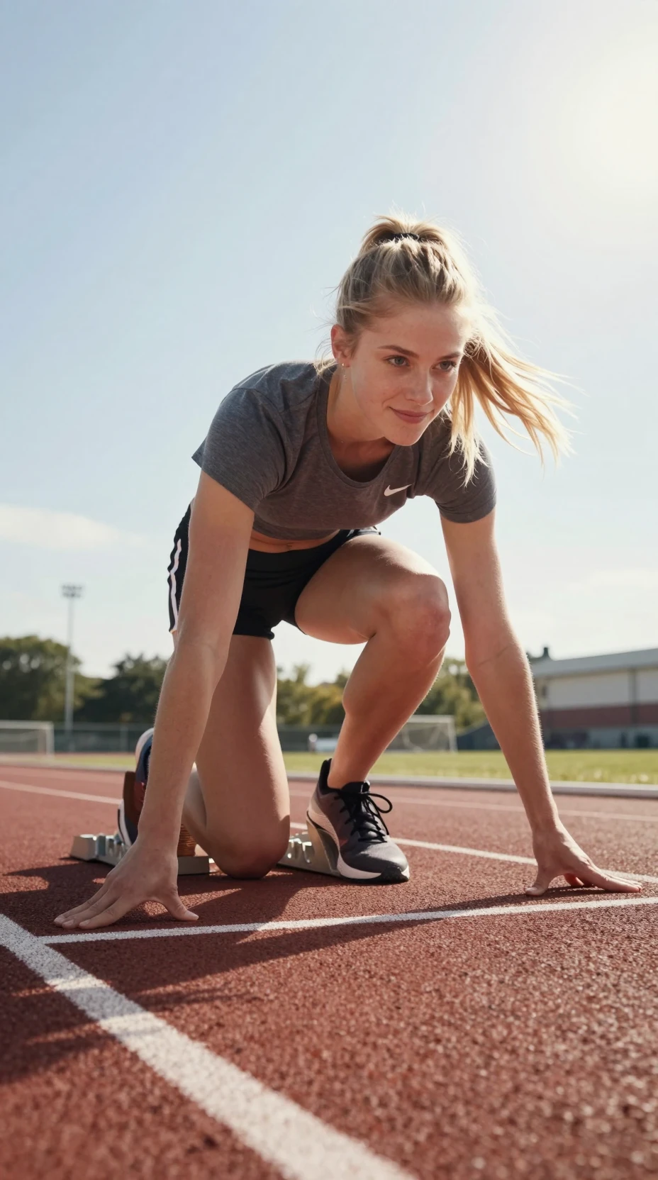 Atleta femenina sonriendo en los tacos de salida bajo el sol del mediodía