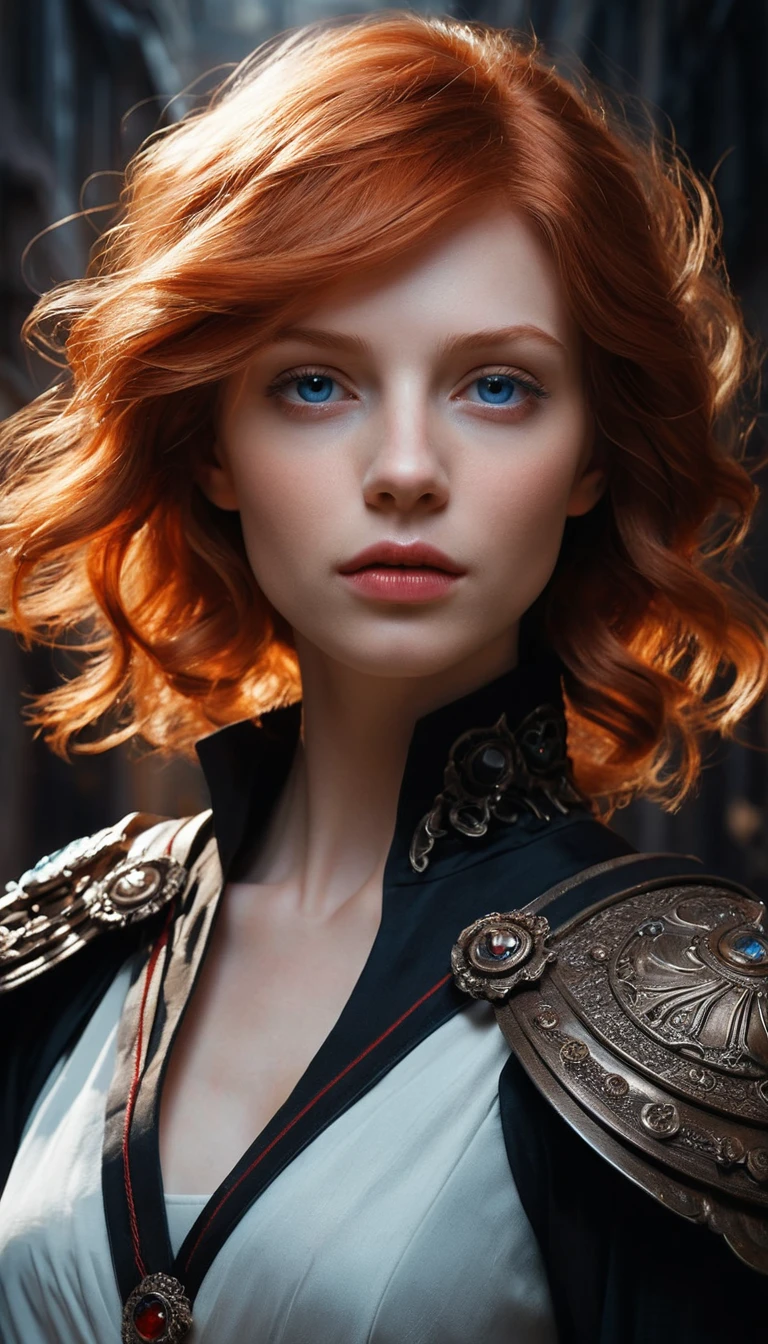 Red haired woman in school style outfit in stone corridor
