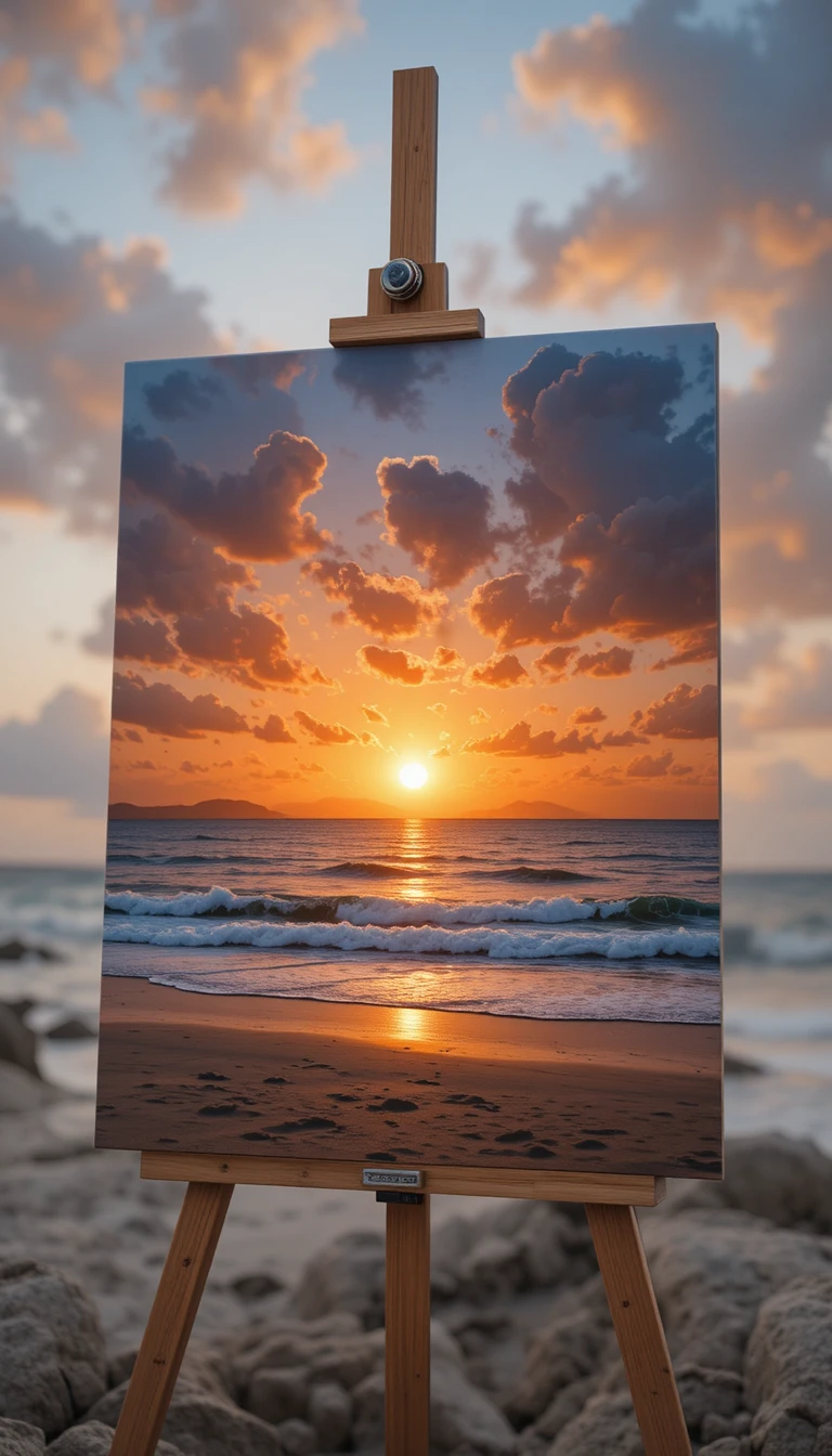 Easel Painting A Sunset Beside The Calm Sea Shore