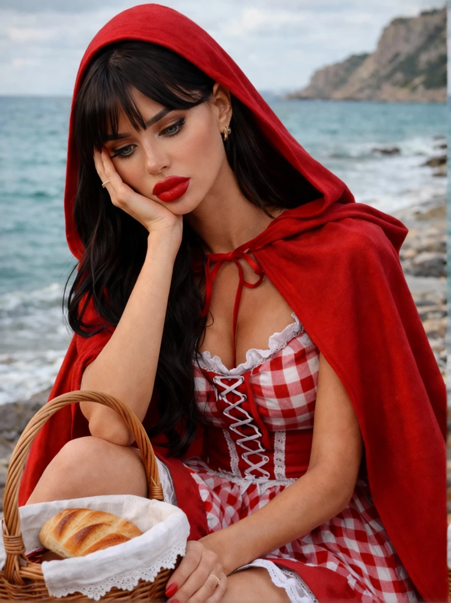 Mädchen mit roter Kapuze und Korb an einem felsigen Strand