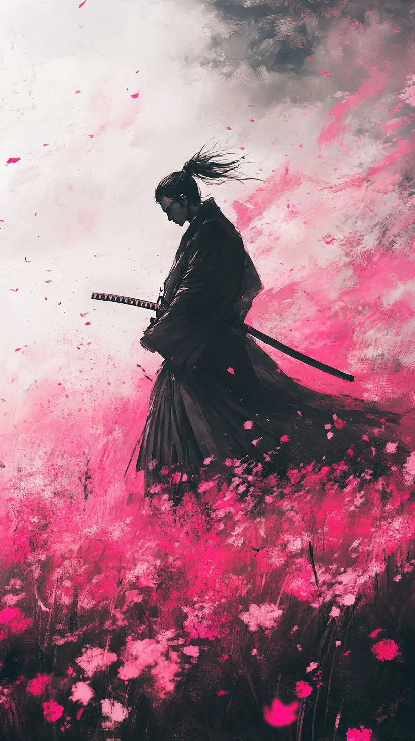 墨畫風格的武士漫步在粉色野花田中