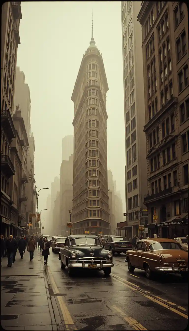Foggy New York street with vintage cars and Flatiron building