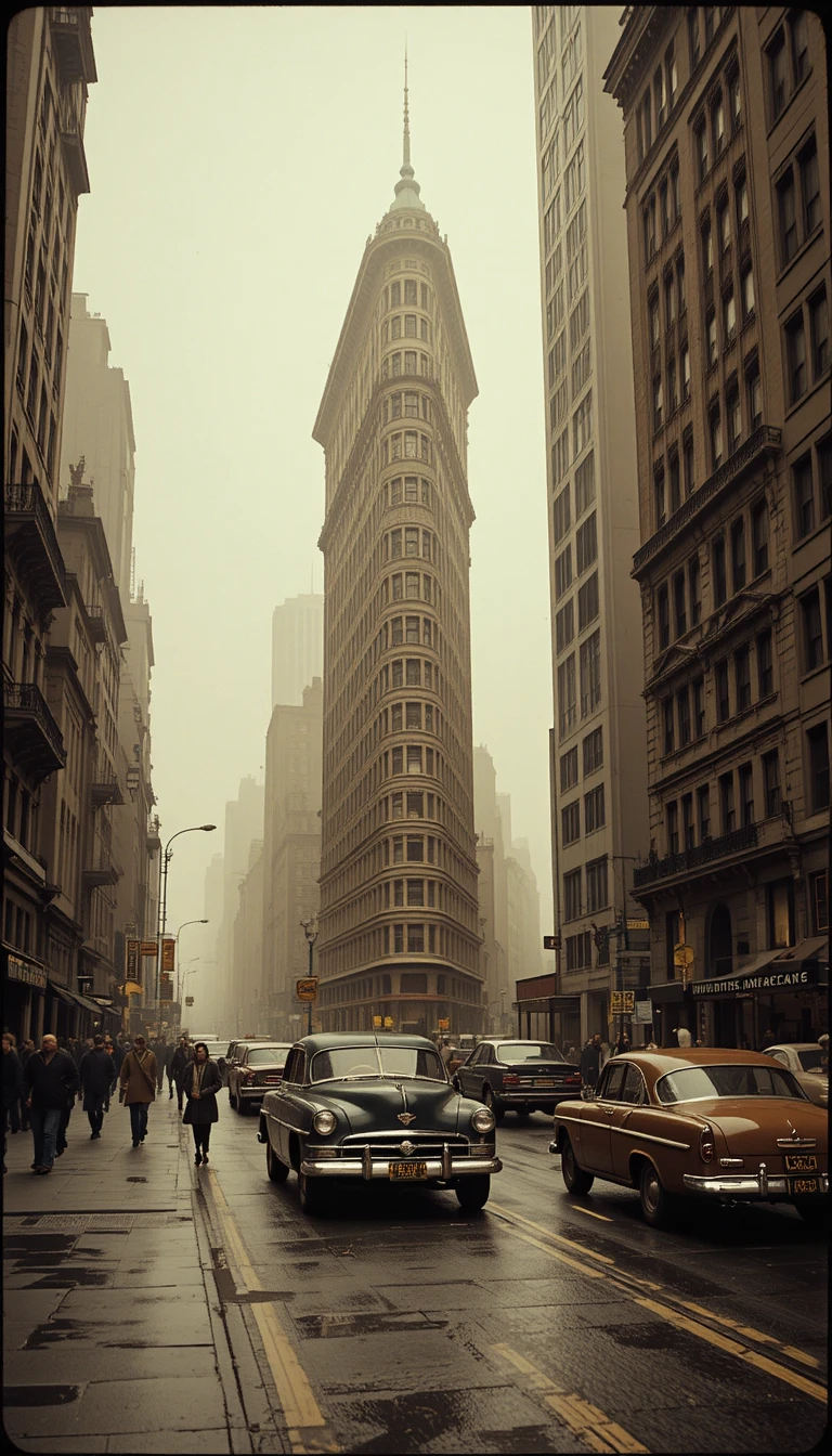 Rue brumeuse de New York avec voitures vintage et Flatiron Building
