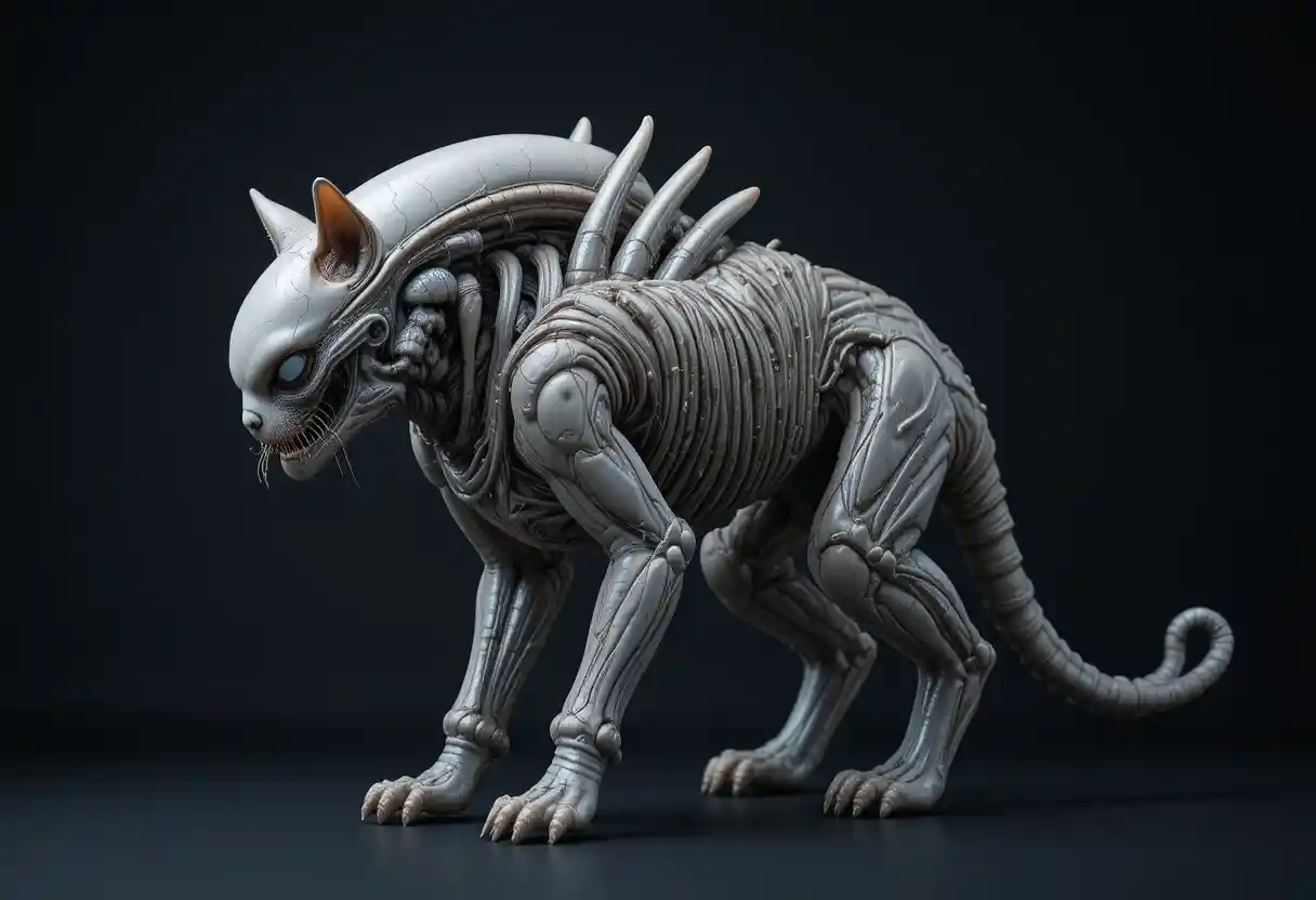Alien-Katzen-Hybrid im Studio-Look, Sci-Fi-Konzeptkunst