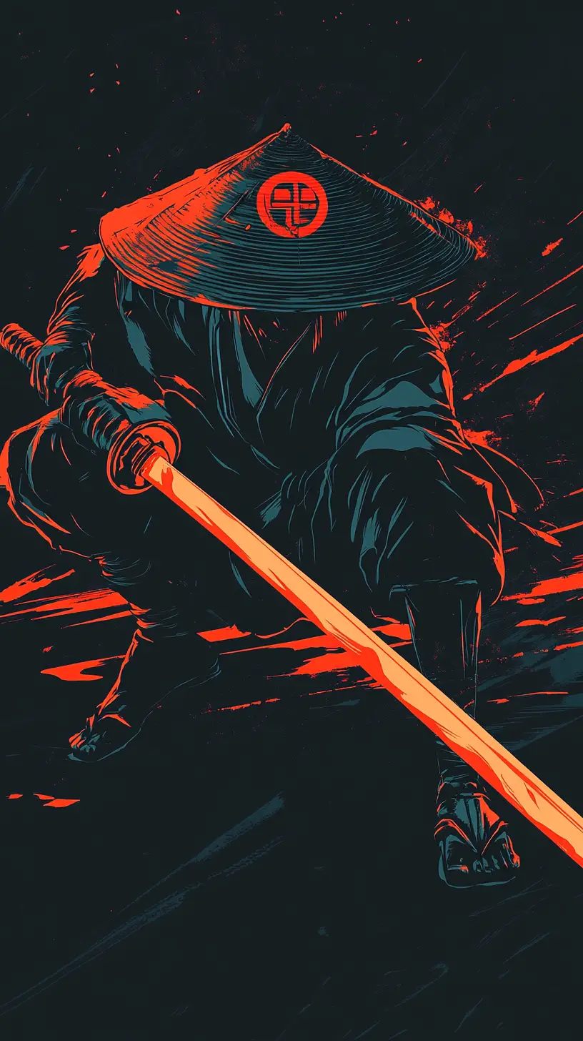 Guerrier stoïque avec katana dans de puissantes ombres vectorielles