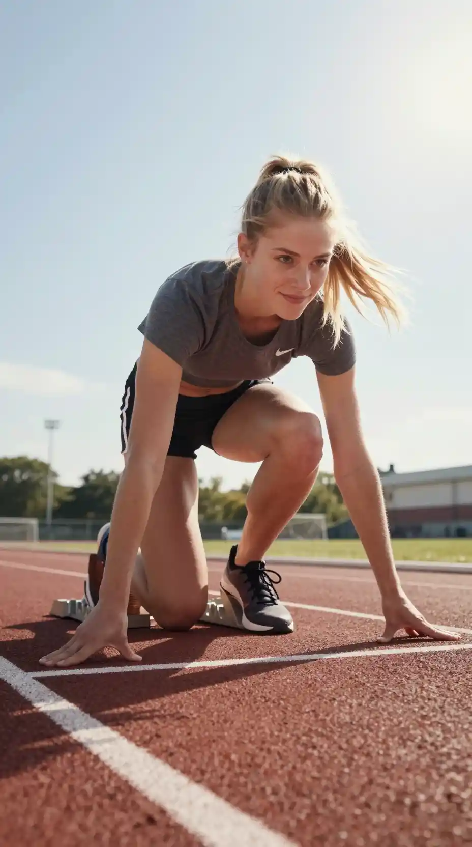 Athlète féminine souriante dans les starting-blocks sous le soleil de midi