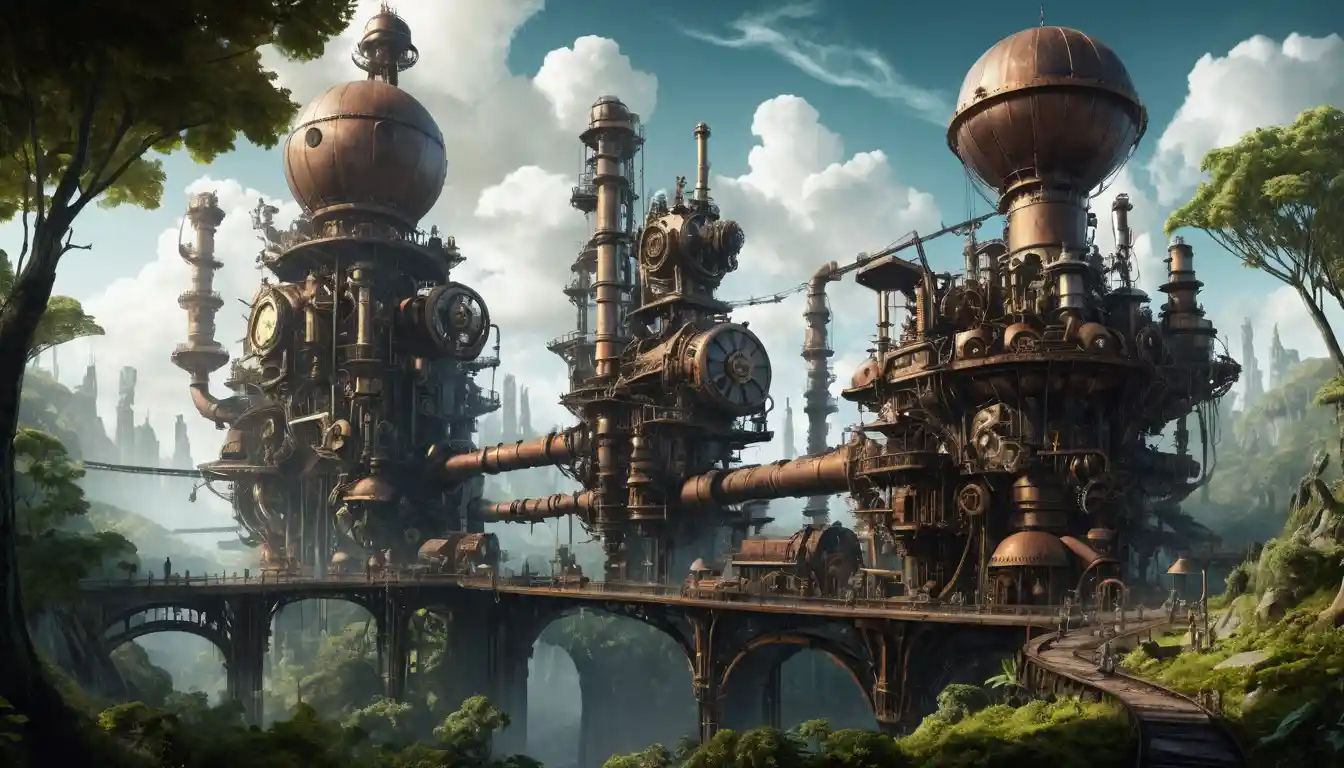 Vasto mondo steampunk industriale che conquista le antiche terre forestali